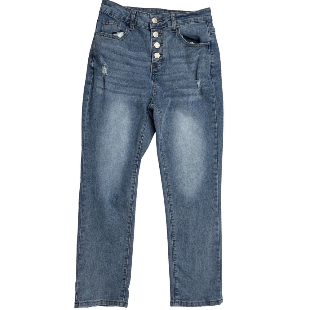 High Rise Denim Button Fly Straightleg Jeans Distressed Y2K Aesthetic Grunge 28